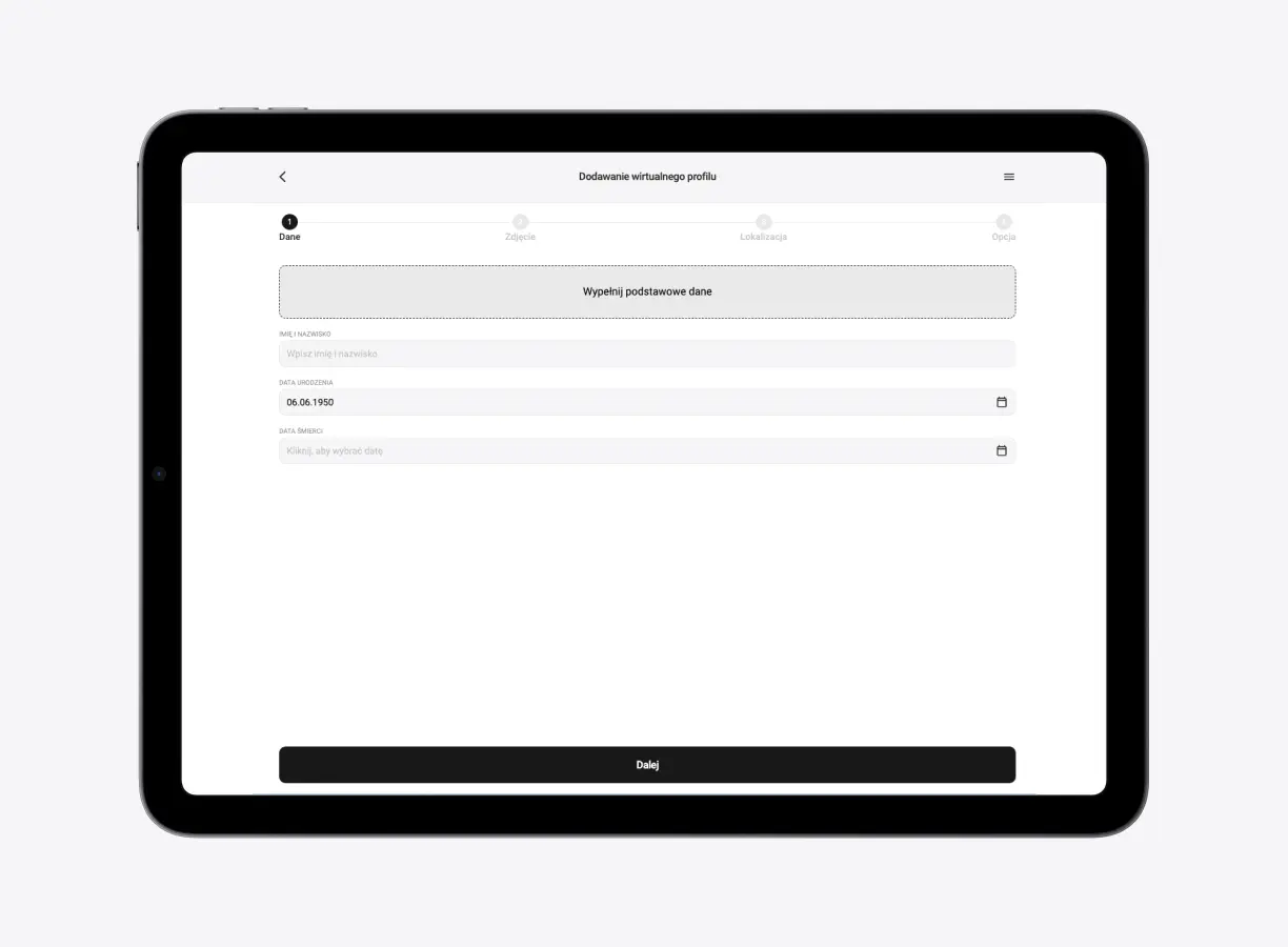 Formularz zakładania wirtualnego profilu