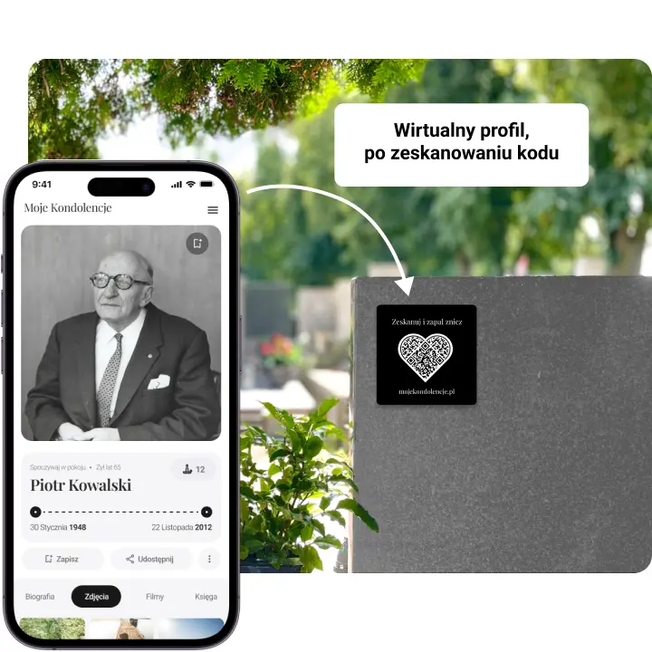 Tabliczka QR przyklejona do pomnika na cmentarzu