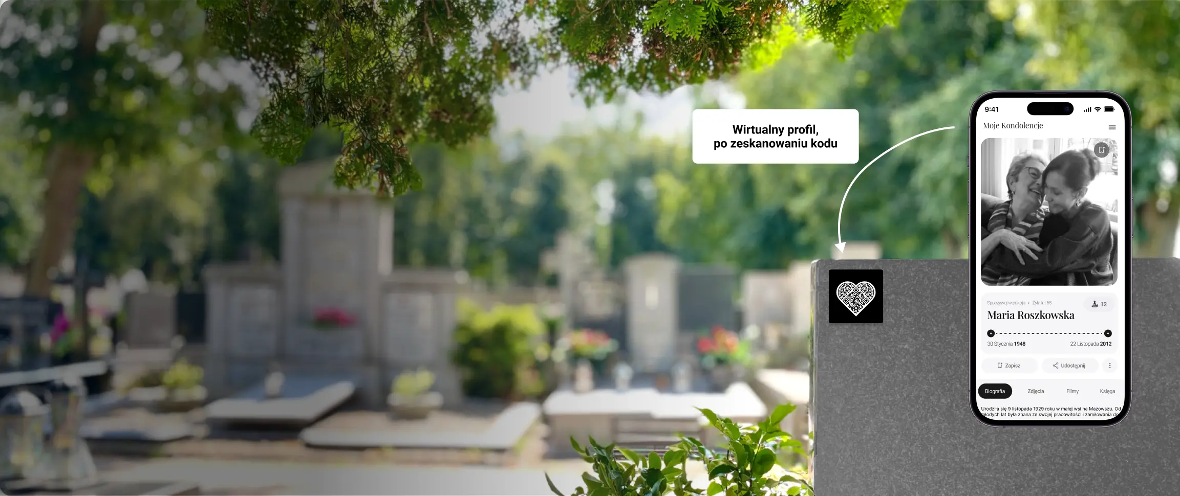 Tabliczka QR przyklejona do pomnika na cmentarzu