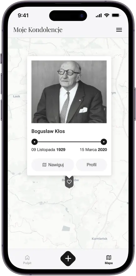 Zrzut ekranu aplikacji moje kondolencje - mapa pomników