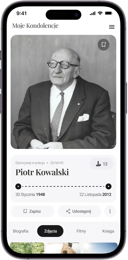 Zrzut ekranu aplikacji moje kondolencje - wirtualny profil